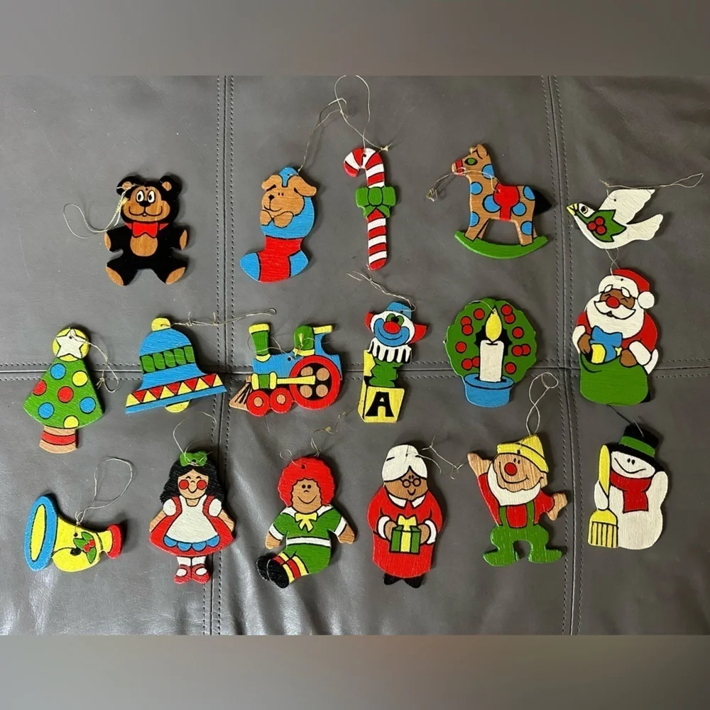Vintage wood painted Christmas ornaments 17 individual ornaments